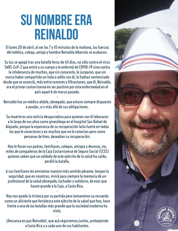Con mucho dolor don José Miguel Albernas Jaramillo, hermano del primer doctor que falleció de covid-19 en el país, Reinaldo Albernas Jaramillo (quien fue jefe de ginecología del Hospital de Alajuela), conversó con nosotros