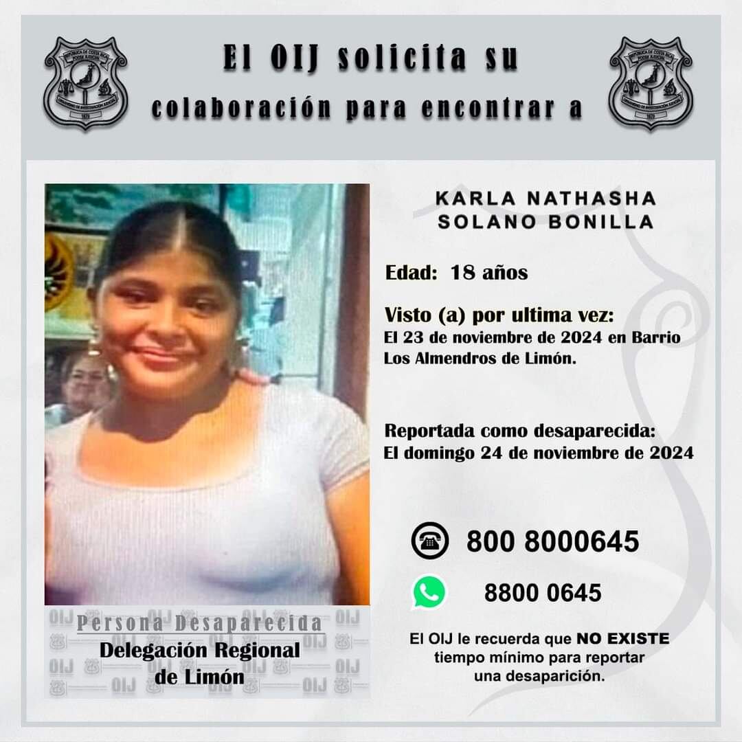 Karla Natasha Solano Bonilla, de 18 años, fue vista por última vez en Santa Rosa de Limón. Foto: OIJ