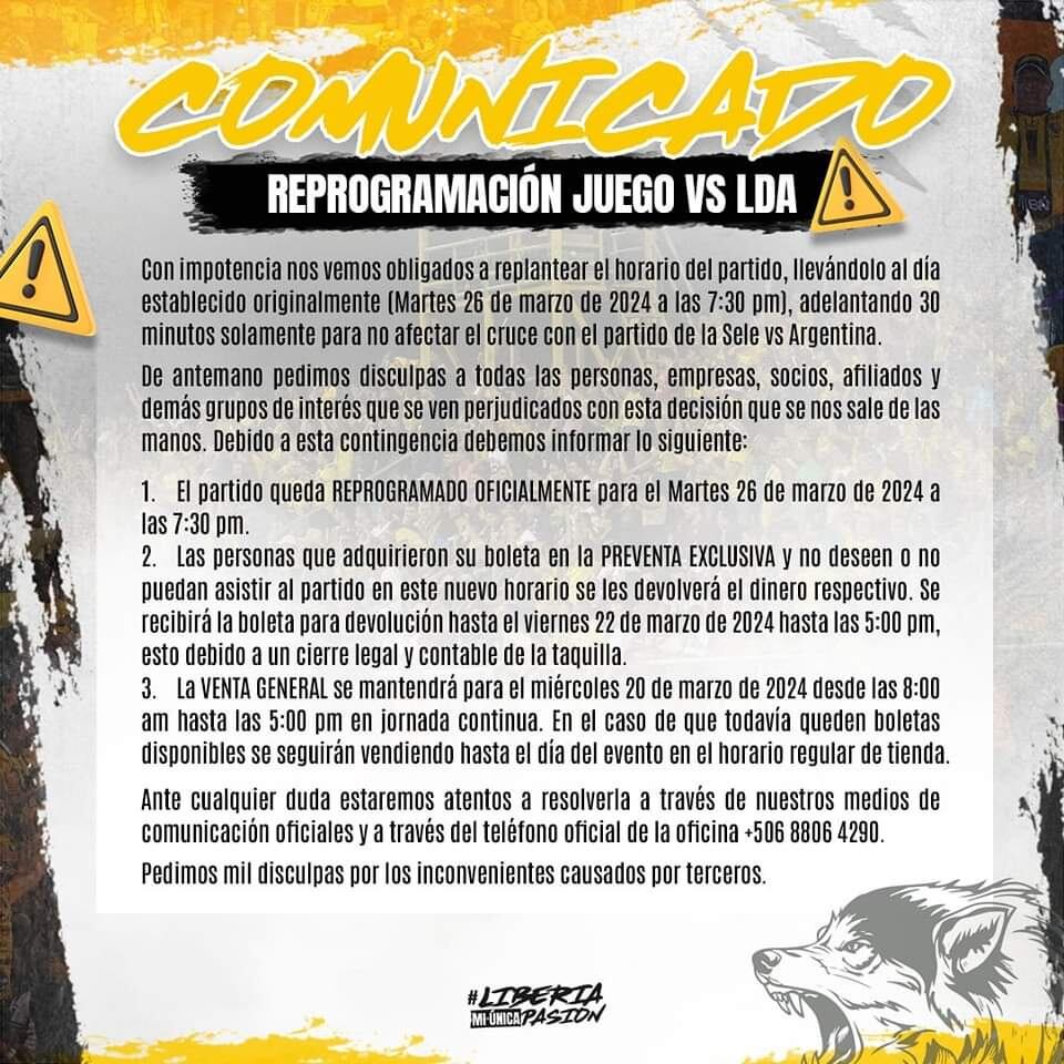 Liberia explicó en un comunicado de prensa porque deberá reprogamar su partido con ALajuelense.
