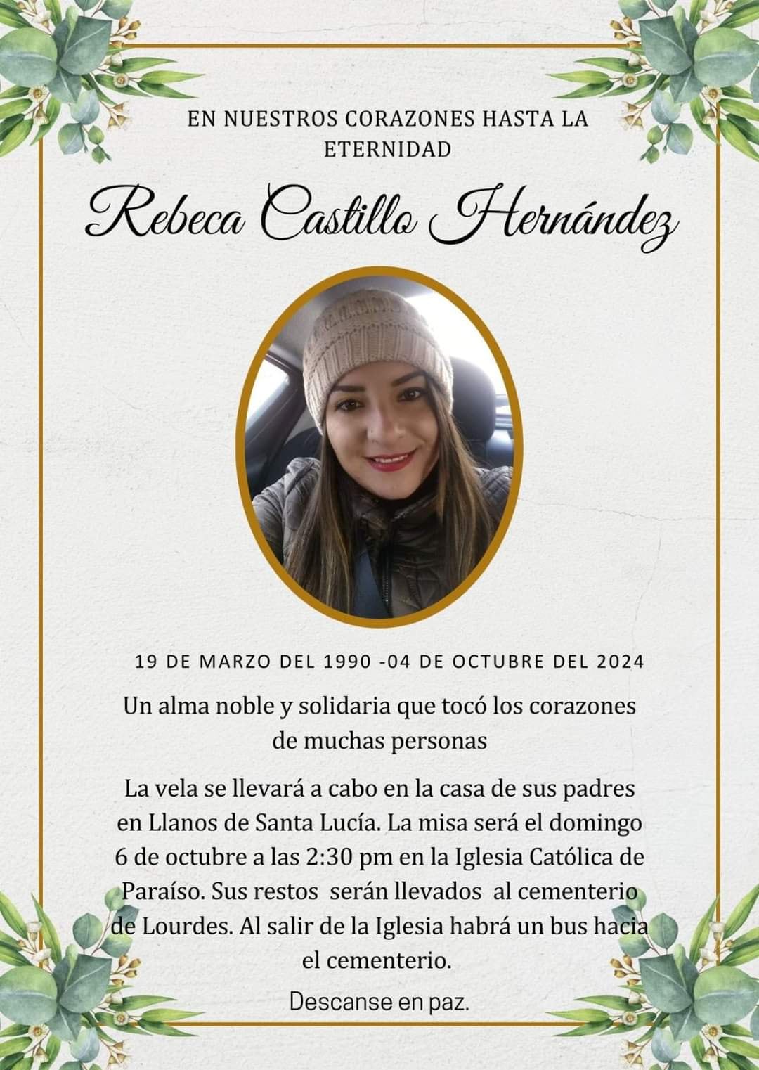 Rebeca Castillo asesinada en Llanos de Santa Lucía en Paraíso