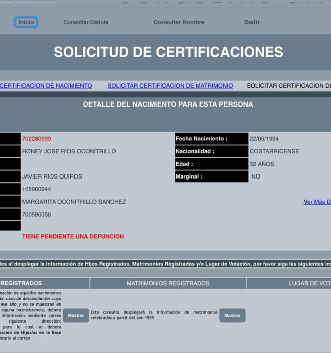 Así aparece Coco Guácimo al ser buscado en la página del TSE.