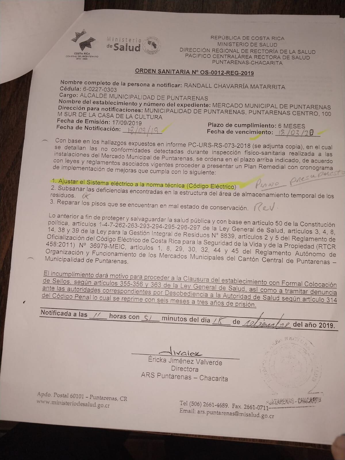 Orden sanitaria del Ministerio de Salud sobre el mercado municipal de Puntarenas.