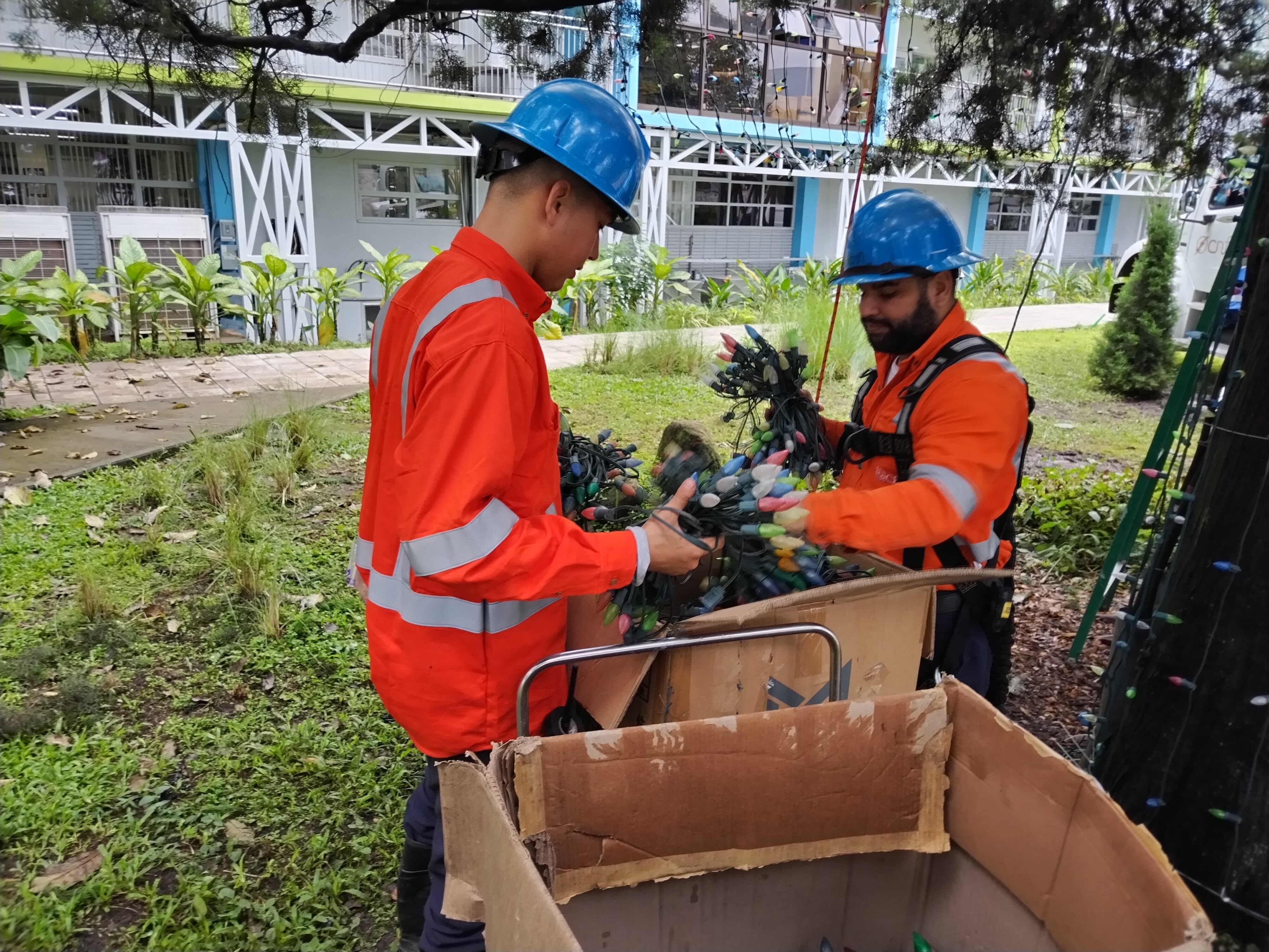 Tremenda alegría nos llevamos cuando pudimos confirmar que al arbolito de Navidad del Hospital Nacional de Niños (HNN) ya le están poniendo las lucecitas que iluminarán la alegría de miles de niños en todo el país, principalmente, a los pequeñitos que están en ese hospital. En la foto, Marcelino Arce y Dany Gómez del departamento de Alumbrado Público de la CNFL