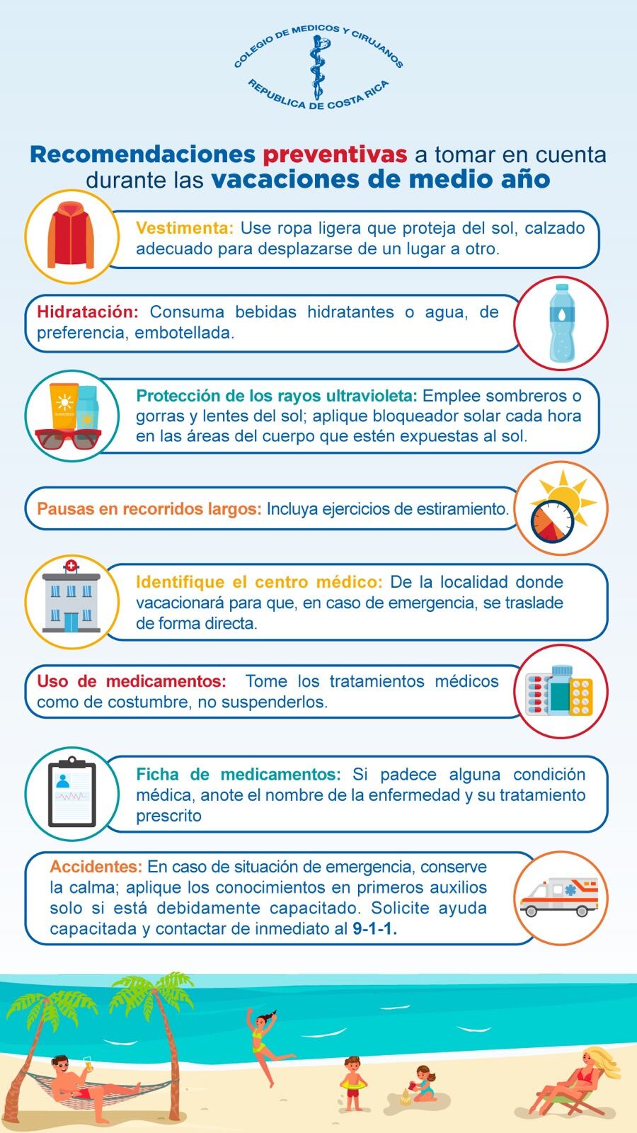 El Colegio de Médicos nos ayudó dándonos los ocho mandamientos que toda familia debe cumplir si desea irse de vacaciones cuidando al máximo su salud.