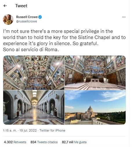 En este mes de julio la mega estrella de Hollywood, Russell Crowe, quien se ganó un Oscar con la película Gladiador, visitó la Capilla Sixtina en Italia junto a su familia