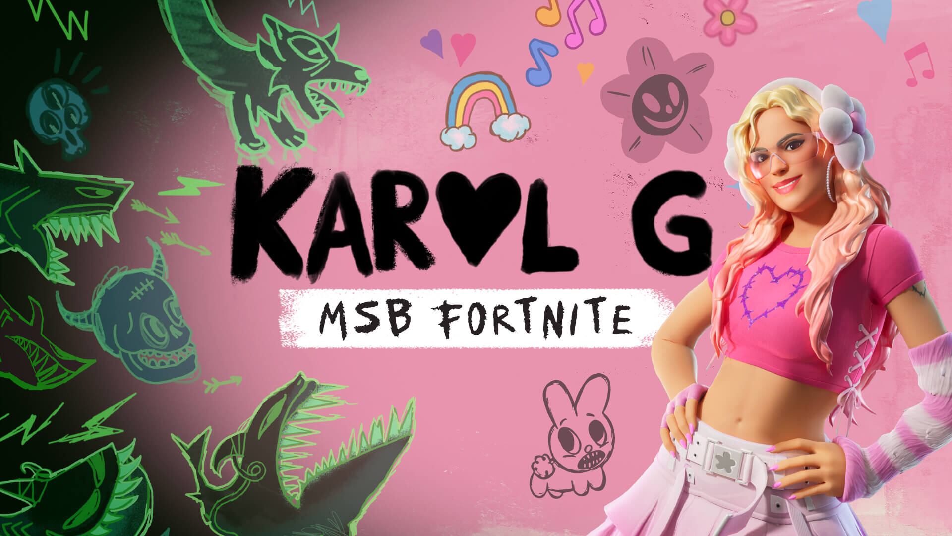 Los jugadores más fiebres van a poder desbloquear el traje de Karol G, a través de su concierto MSB Fortnite. Foto: Epic Games.