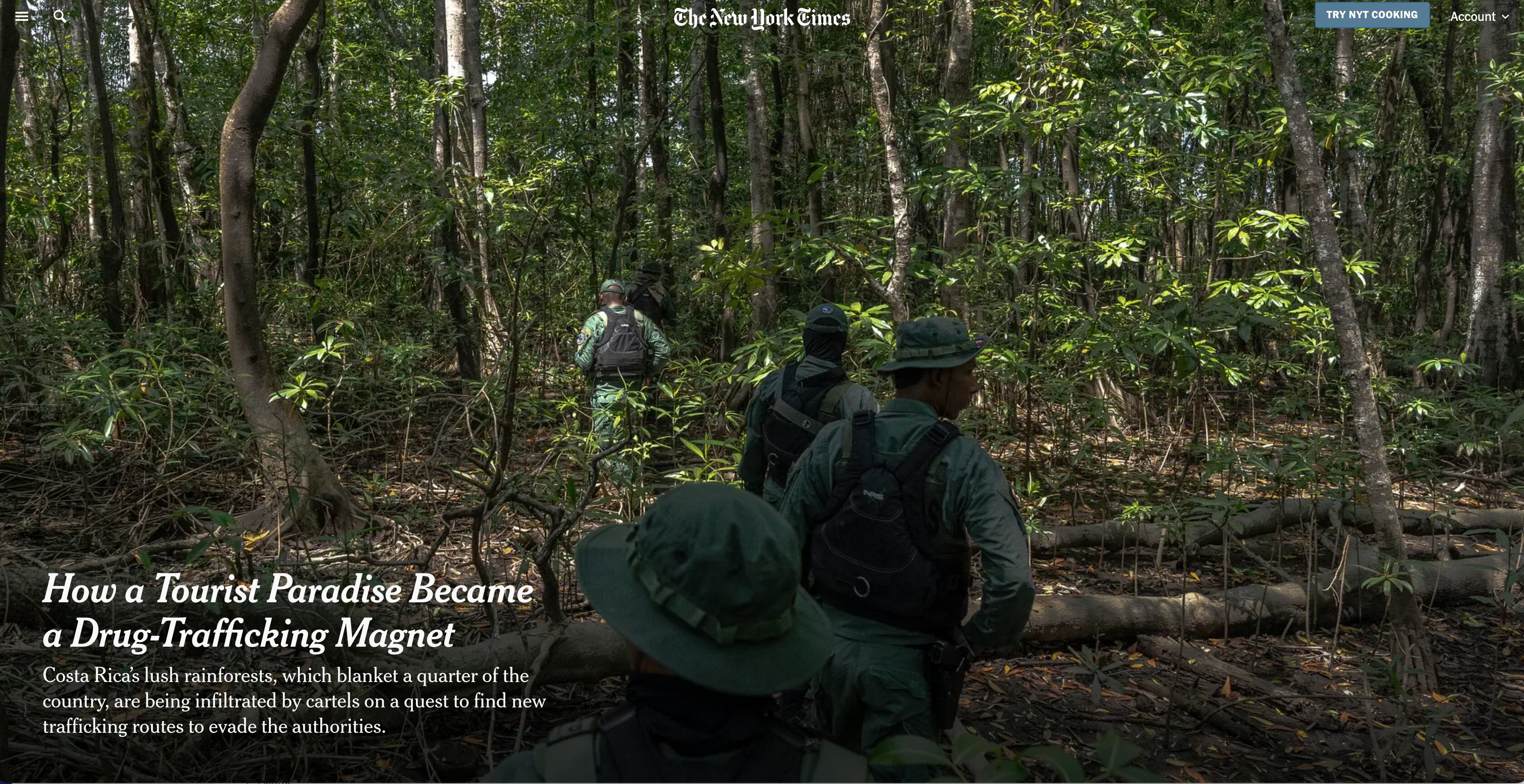 Detalle del reportaje publicado este 15 de setiembre por The New York Times sobre la penetración del narco en Costa Rica. Fotografía: The New York Times