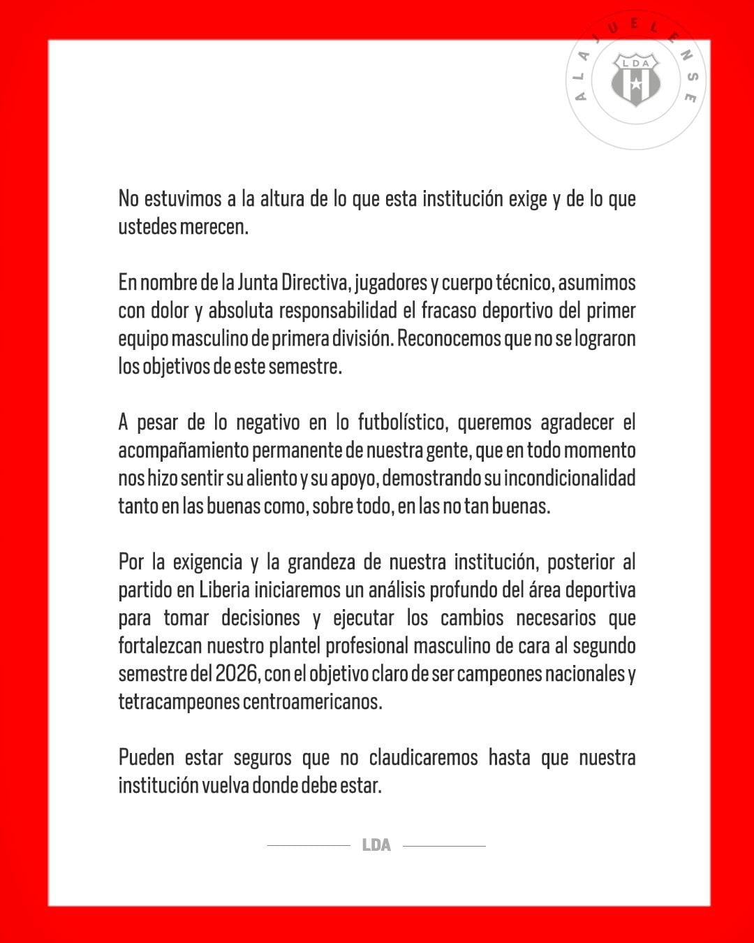 Comunicado de Alajuelense tras eliminación