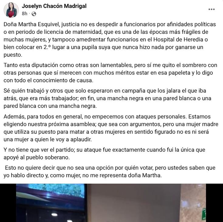 La exministra de Salud, Joselyn Chacón, arremetió contra Marta Esquivel después de que se diera a conocer su candidatura como diputada con el PPSO.
