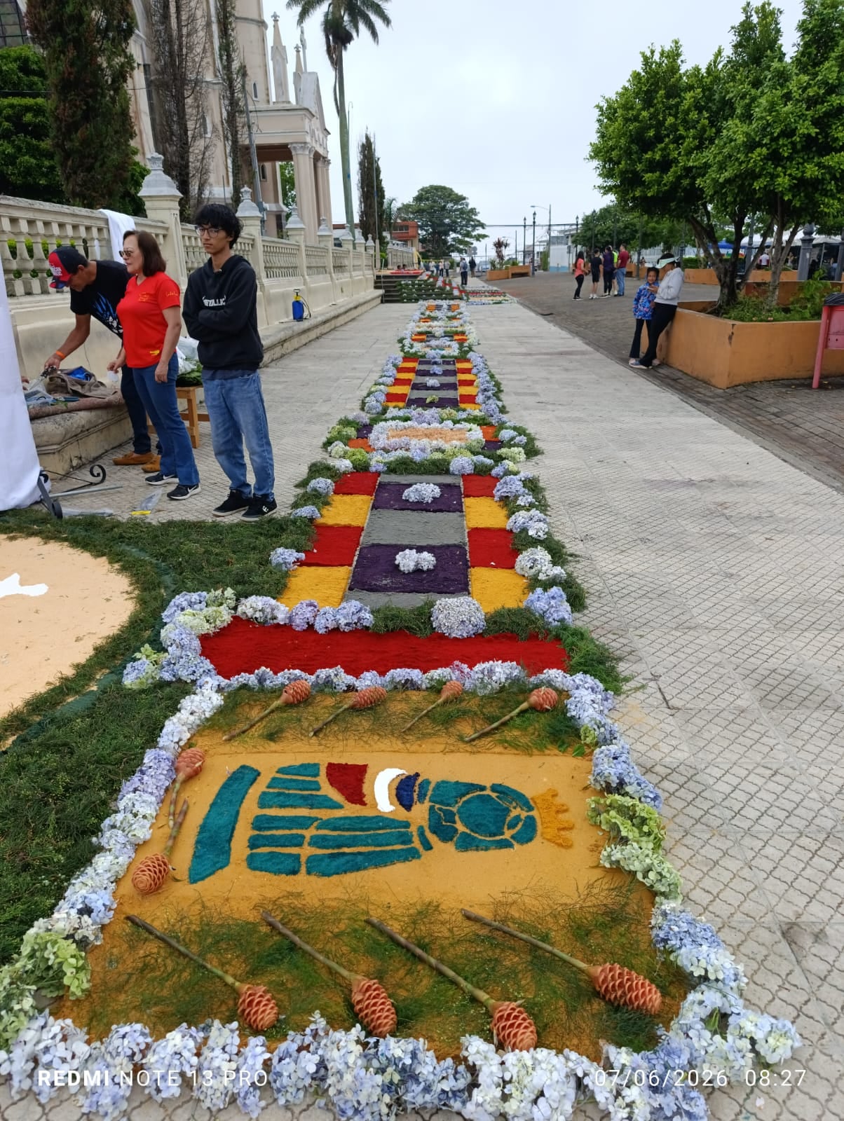 La celebración de Corpus Christi, desde la madrugada del domingo 7 de junio decenas de vecinos trabajaban contra reloj para convertir las calles alrededor del templo de San Rafael Arcángel de Heredia en una verdadera alfombra de fe, color y tradición. Mauricio Campos fue uno de ellos.