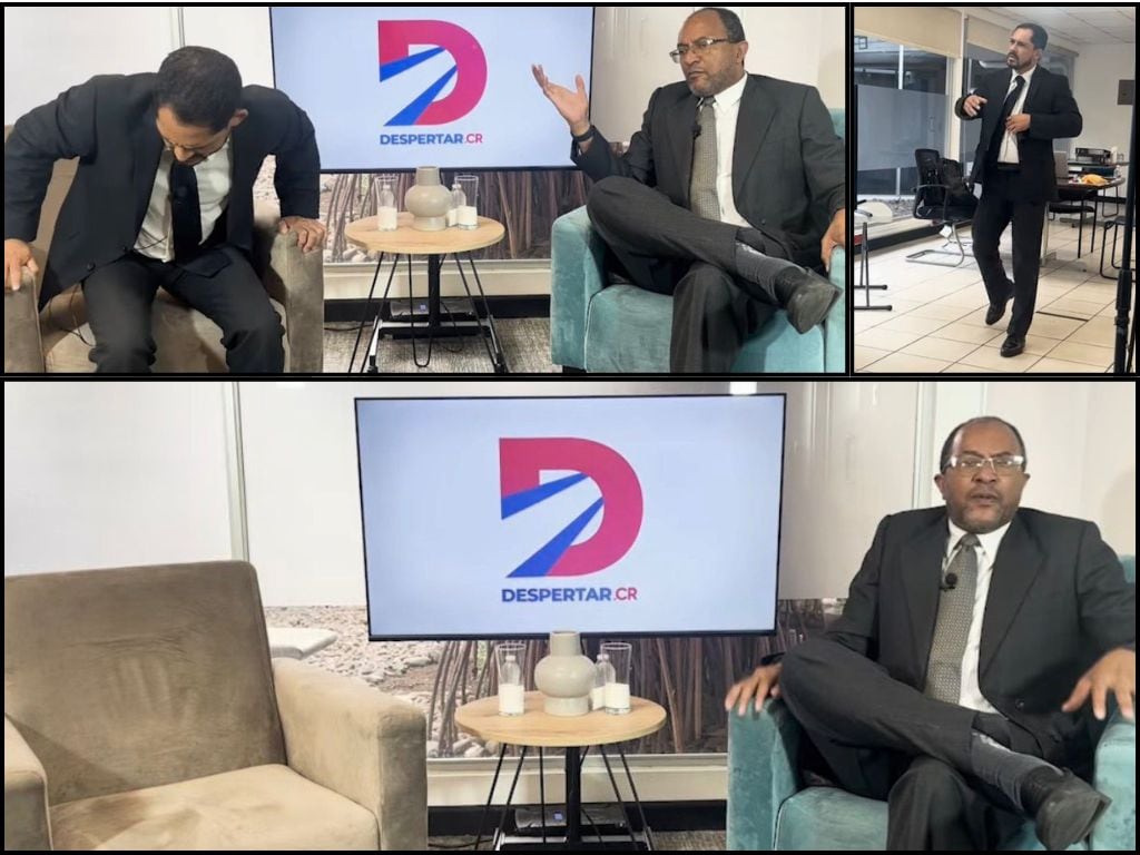 Ronny Castillo, candidato presidencial de Aquí Costa Rica Manda, abandonó una entrevista en vivo con Reinaldo Lewis tras una pregunta sobre su vínculo con Rodrigo Chaves. (Despertar.cr/Facebook)