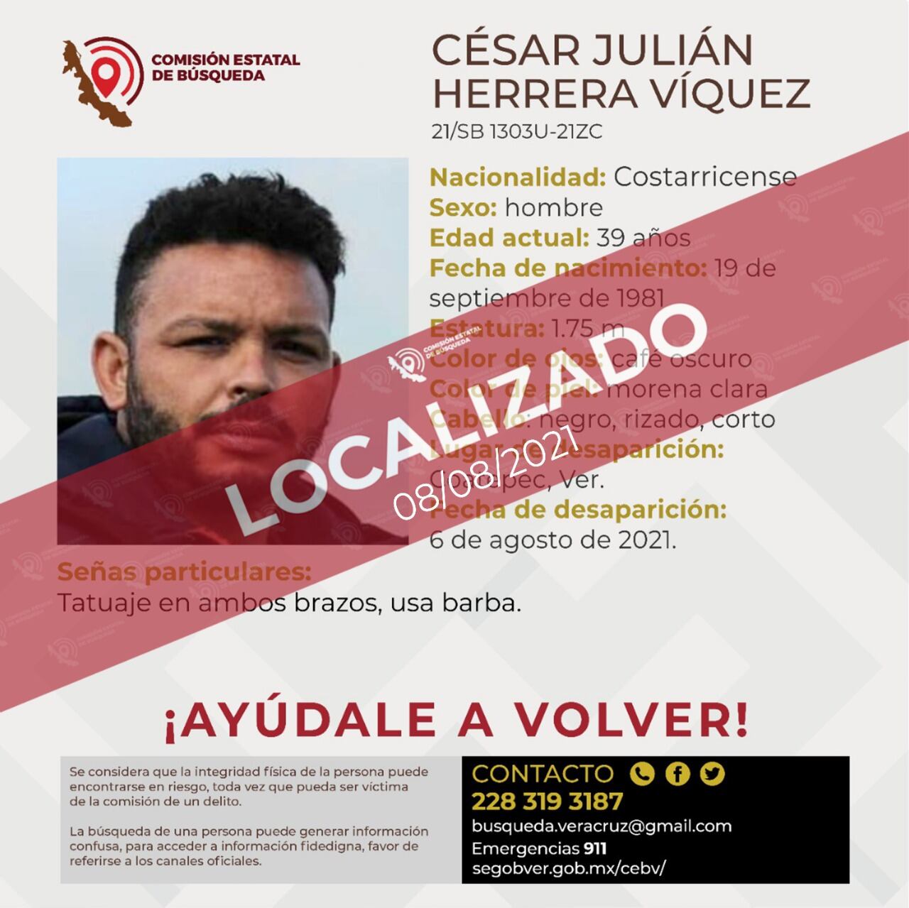 César Herrera, tico que estuvo desaparecido en México tras detención. Foto cortesía Jonathan Herrera.