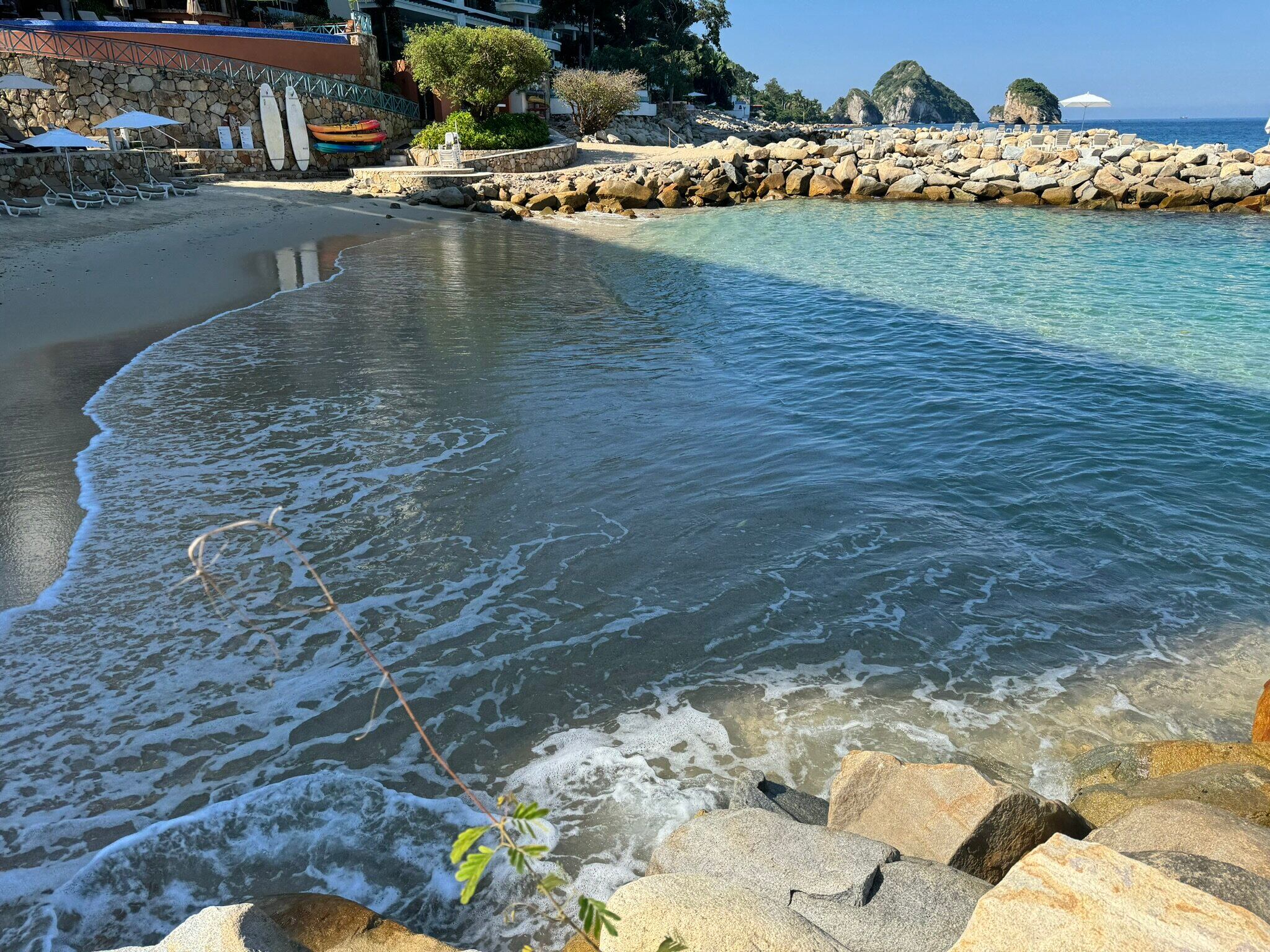 Pececitos de colores bailan cerca de la orilla en una mágica playa de Puerto Vallarta.