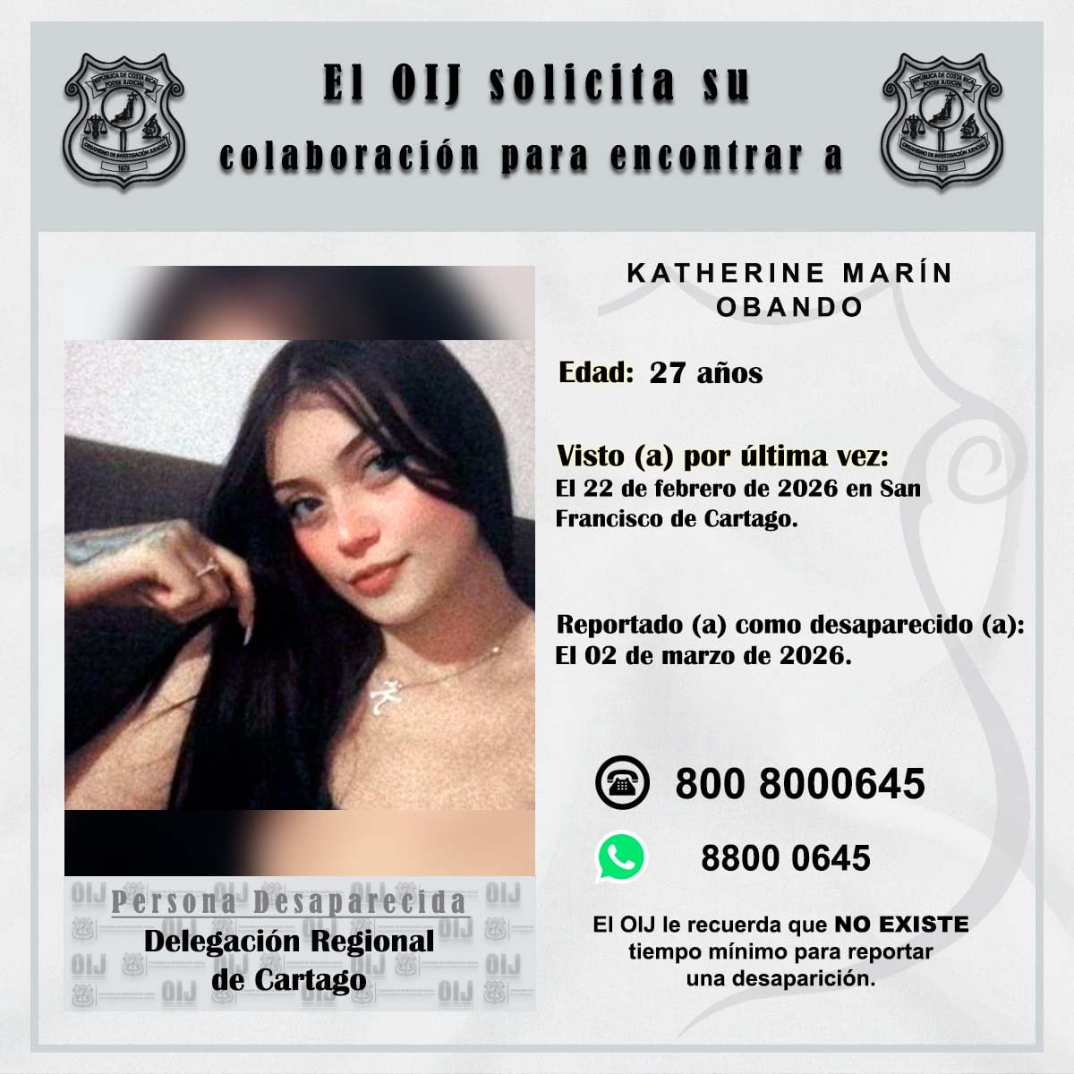 Katherine Marín Obando fue vista por última vez el 22 de febrero en San Francisco de Cartago. Foto: OIJ