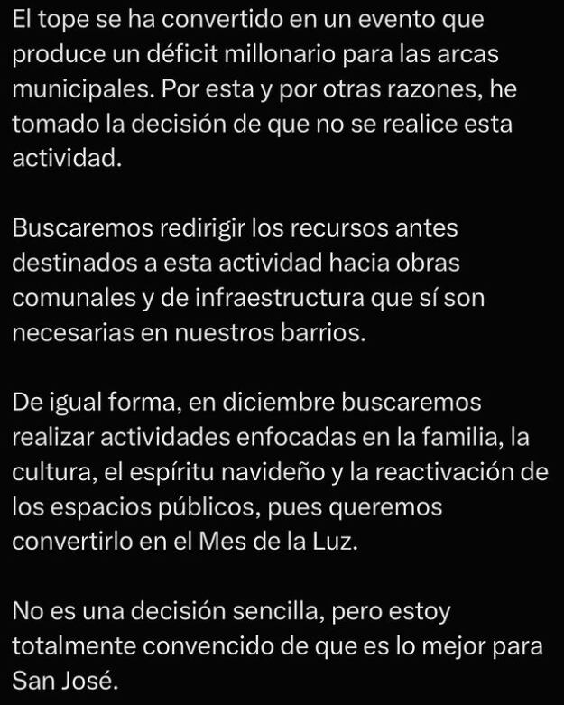 Diego Miranda, alcalde de San José, aclaró por qué tomó la decisión de suspender el Tope Nacional.