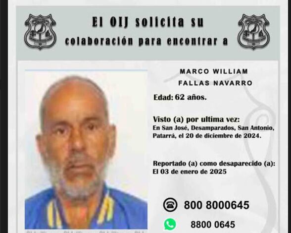 Marco Fallas Navarro de 62 años está desaparecido desde el 20 de diciembre