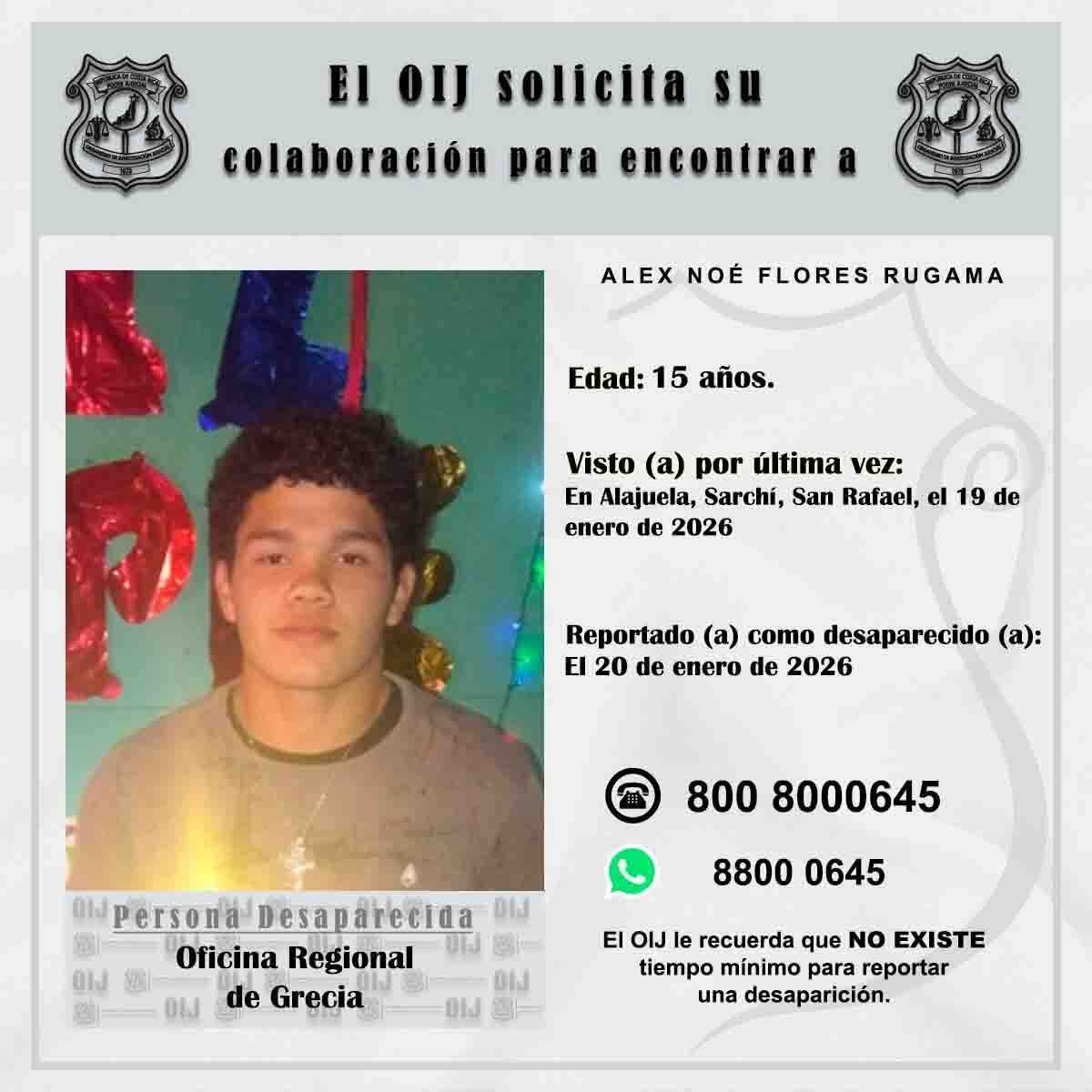 Alex Noé Flores Rugama está desaparecido desde el domingo