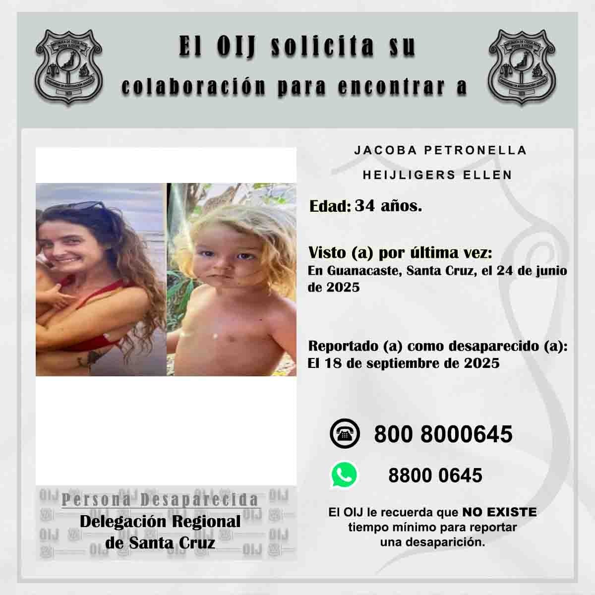 Jacoba Petronella Heijligers Ellen y su hijo cumplen 99 días desaparecidos en Guanacaste, Costa Rica. Foto: OIJ