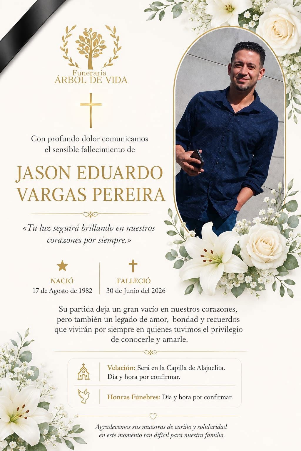 Jason Vargas murió este martes 30 de junio, según sus familiares, quienes publicaron una esquela con información de sus honras fúnebres.