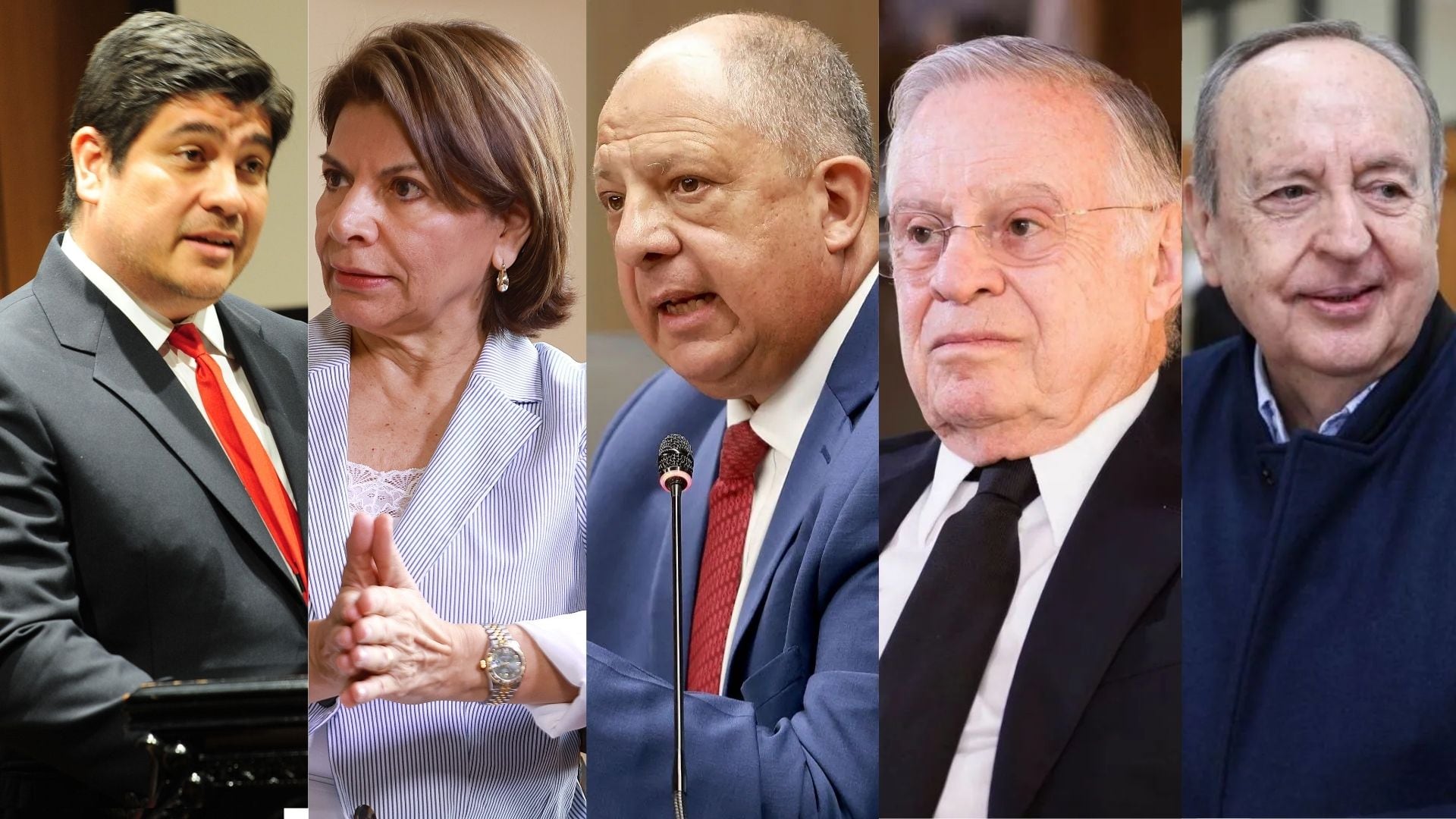 De izquierda a derecha, los expresidentes Carlos Alvarado, Laura Chinchilla, Luis Guillermo Solís, Miguel Ángel Rodríguez y Rafael Ángel Calderón defendieron las potestades que tiene la Sala Constitucional para resolver el diferendo sobre la elección de los magistrados suplentes de ese alto tribunal.