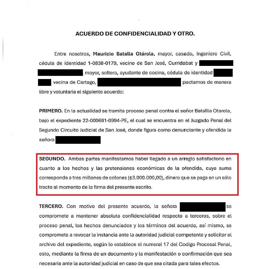 Extracto del acuerdo de confidencial que el exministro de Obras Públicas y Transportes, Mauricio Batalla Otárola, firmó para evitar un juicio por tres aparentes delitos de abuso sexual. Foto: Reproducción del expediente N.° 22-000681-0994-PE