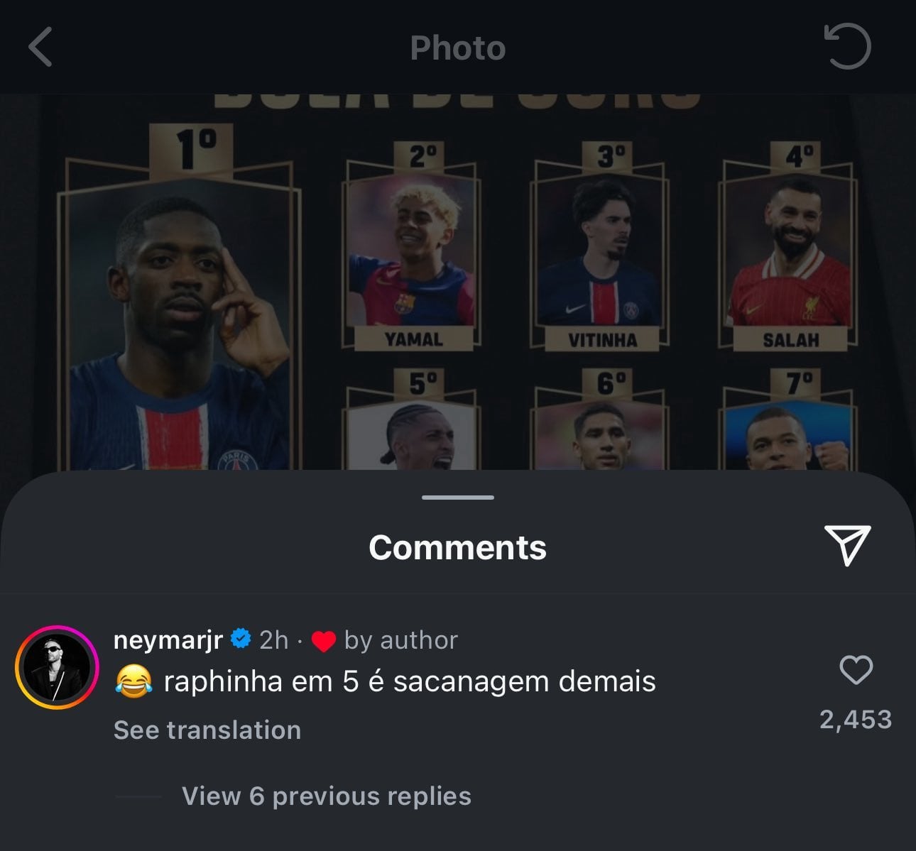 Neymar criticó el quinto puesto que le dieron a Raphinha en el Balón de Oro 2025. Captura de pantalla.