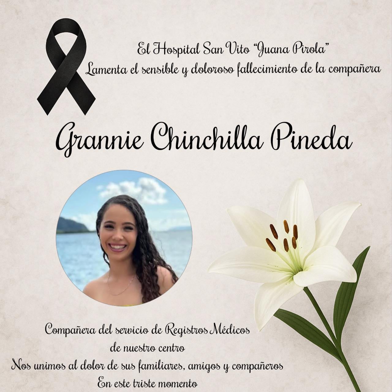 Grainne Maribe Chinchilla Pineda, conocida como Gronnia, de 24 años, perdió la vida en el aparatoso vuelco de un carro que terminó incrustado en la entrada de una vivienda en barrio Mercedes, en Sabalito de Coto Brus. Foto: Hospital San Vito Juana Pirola