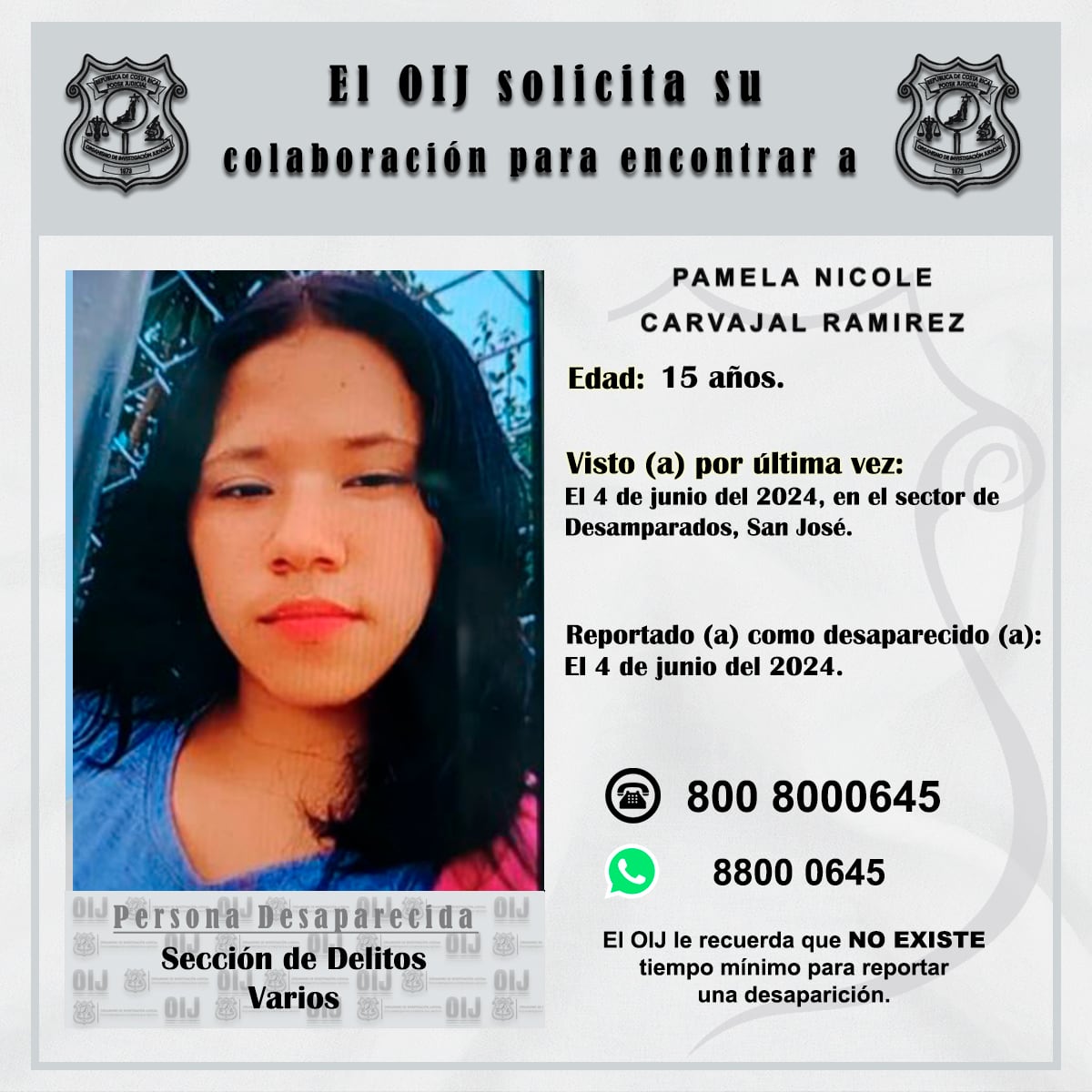 Pamela fue vista por última vez el pasado 4 de junio. Foto OIJ.