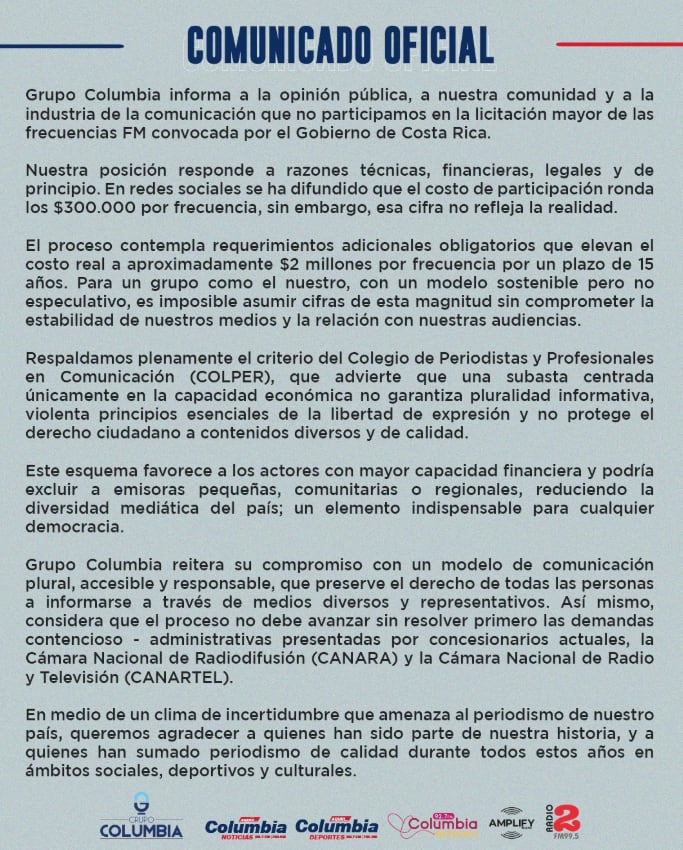 Este es el comunicado de prensa que difundió el Grupo Columbia en sus redes sociales.