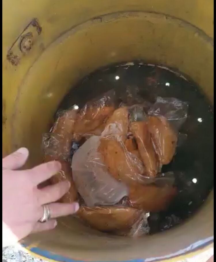 Empanadas y vigorones guardados en basurero.