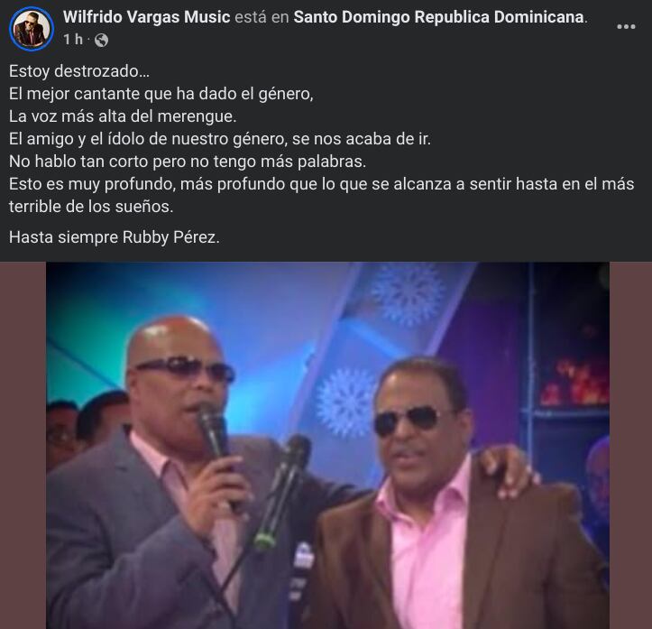 El cantante dominicano Wilfrido Vargas está con el corazón roto por la muerte de su colega y amigo Rubby Pérez, este martes.