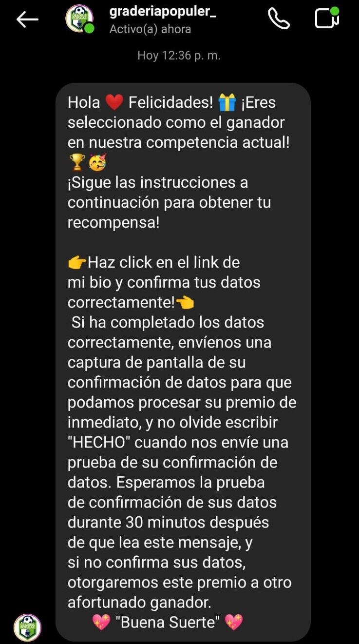 Este es el mensaje que envían de forma personal por Instagram. Captura de pantalla.