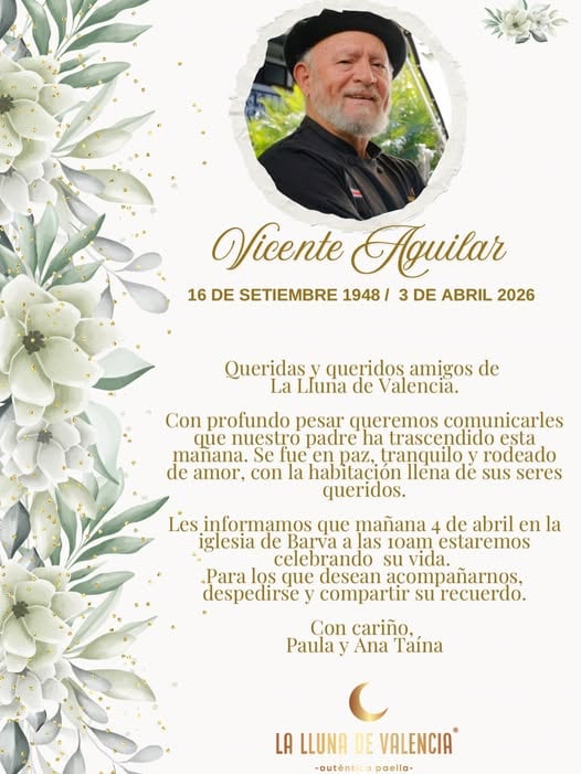 Este Viernes Santo se confirmó el fallecimiento de Vicente Aguilar, originario de Valencia, España, quien se convirtió en una figura clave para la difusión de la cultura y la cocina española en Costa Rica.