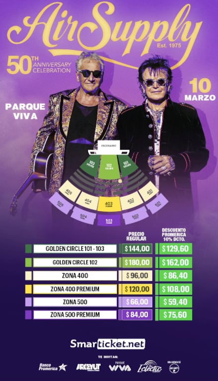 Estos son los precios y localidades para el concierto de Air Supply en Costa Rica.
