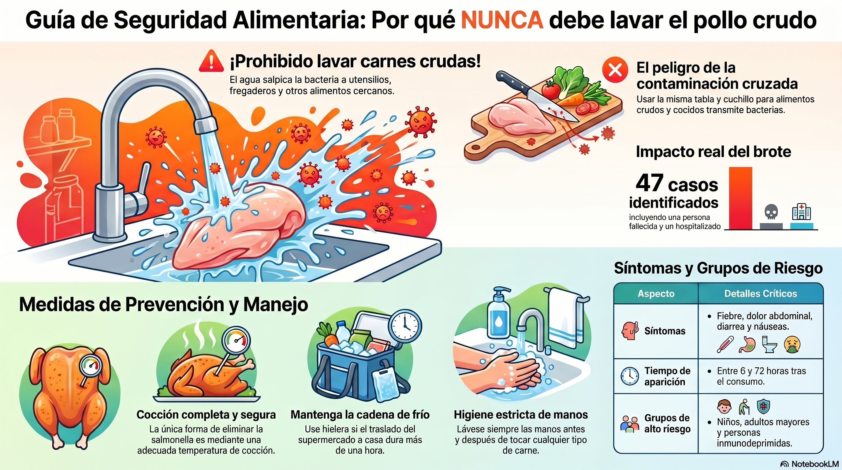 Nutricionistas recomiendan no lavar el pollo ni las carnes crudas