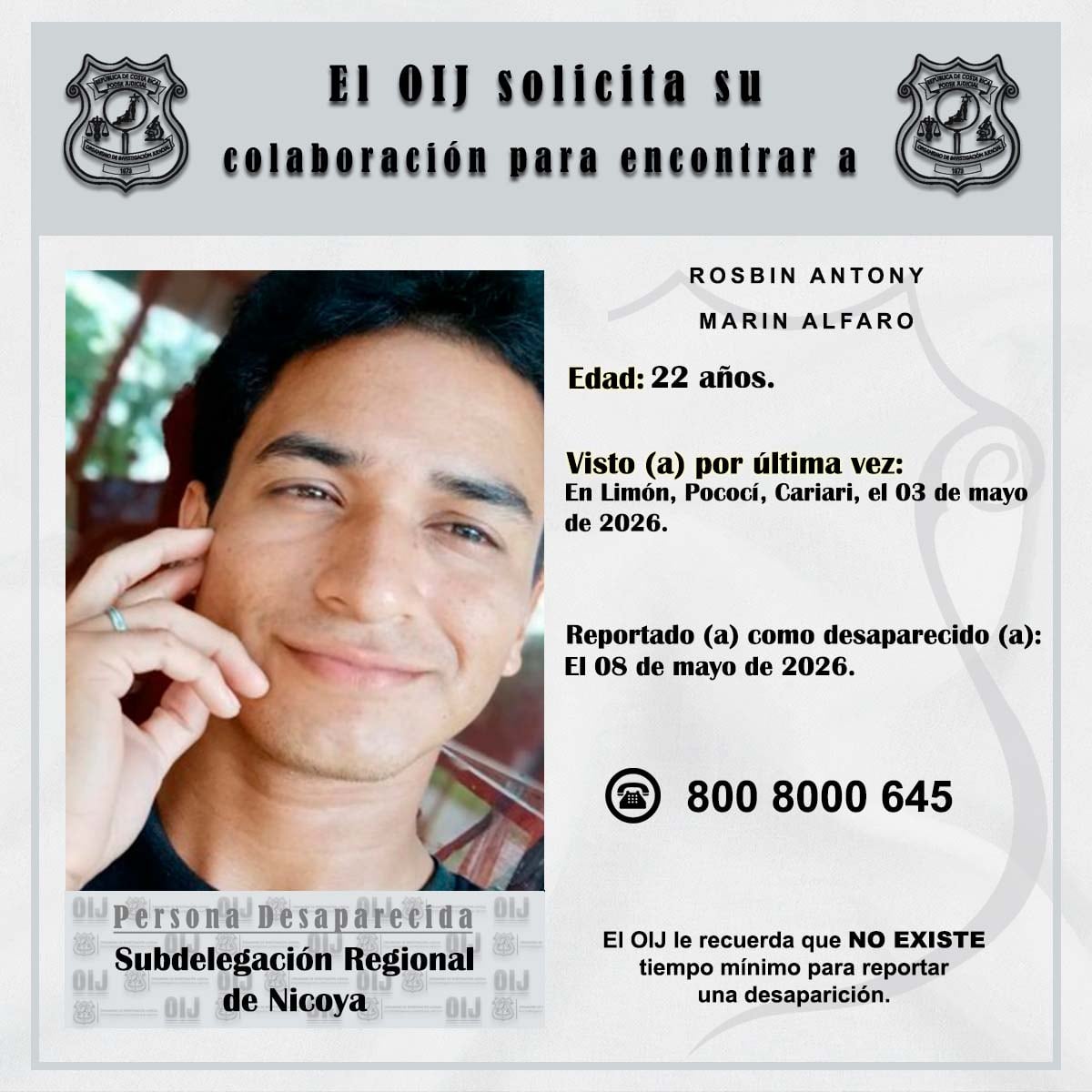 Rosbin Antony Marín Alfaro desapareció cuando viajó a San José a buscar trabajo. Foto: OIJ