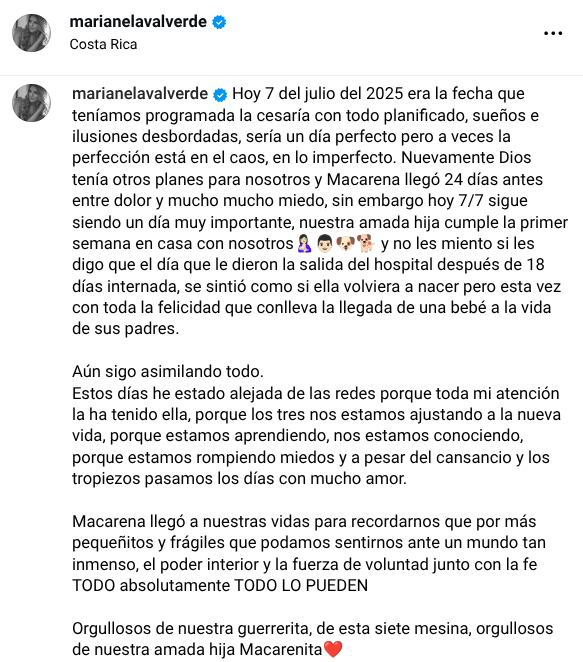 Marianela Valverde dio a luz el 14 de junio, casi un mes antes de la fecha que habían programado para la cesárea