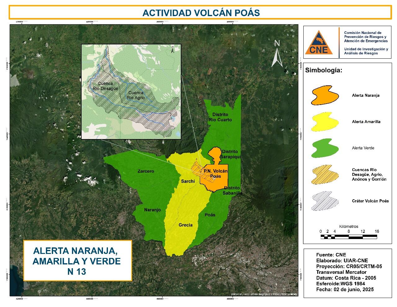 Así quedaron las alertas en las zonas cercanas del volcán Poás
