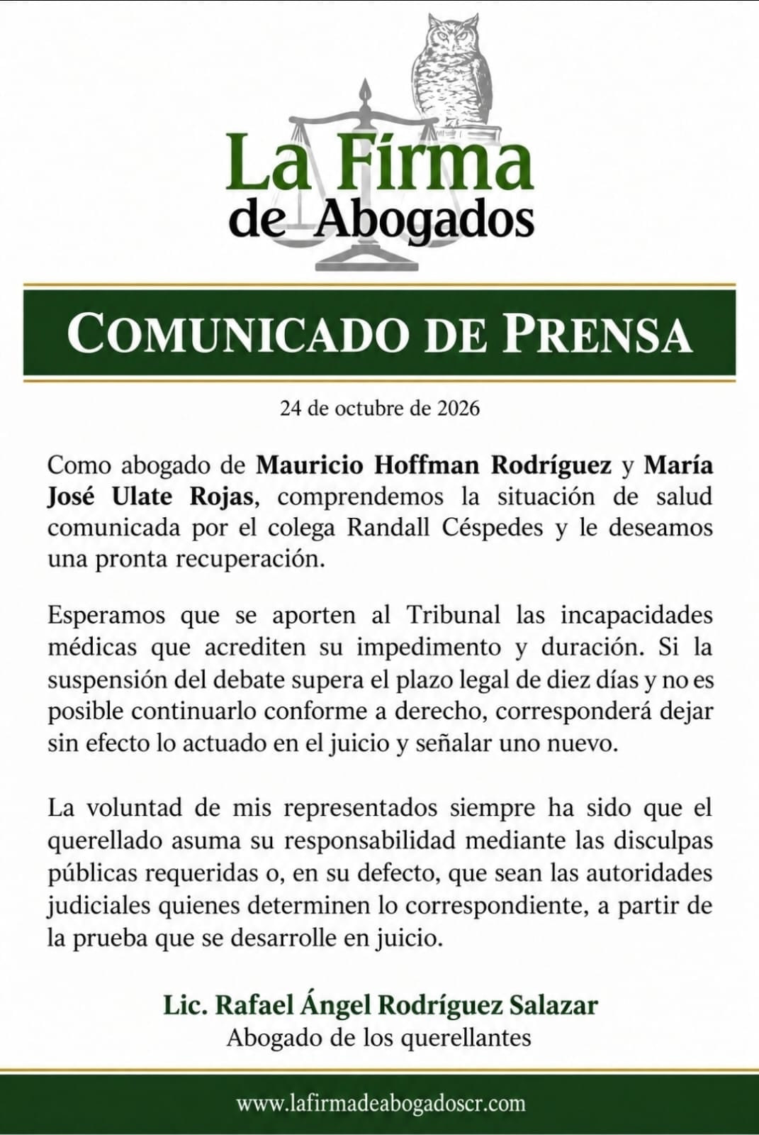 Rafael Ángel Rodríguez se pronunció tras conocer la hospitalización de Randall Céspedes, defensor del youtuber, y explicó qué podría ocurrir si el debate no puede continuar.