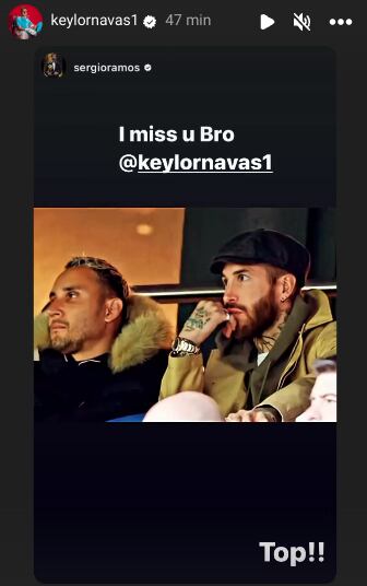El portero tico Keylor Navas confesó que extraña a su amigo, el defensor español Sergio Ramos. Instagram.