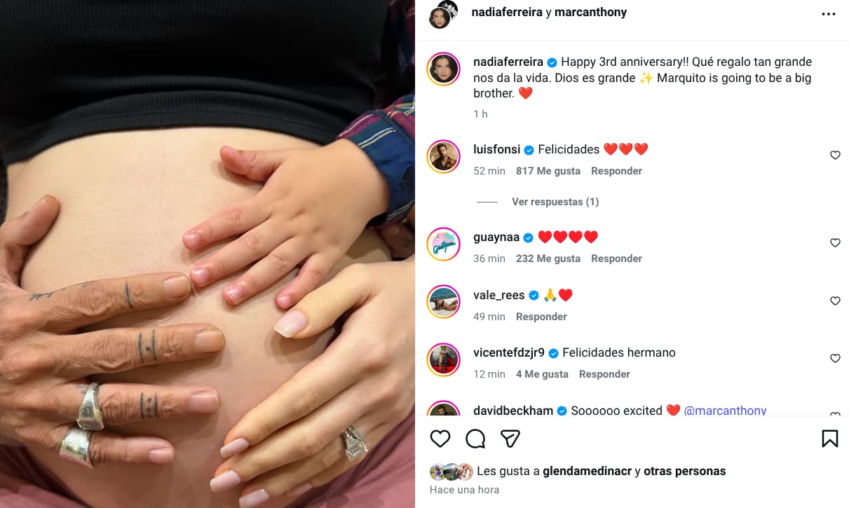 Nadia Ferreira, esposa de Marc Anthony, anunció así su segundo embarazo.