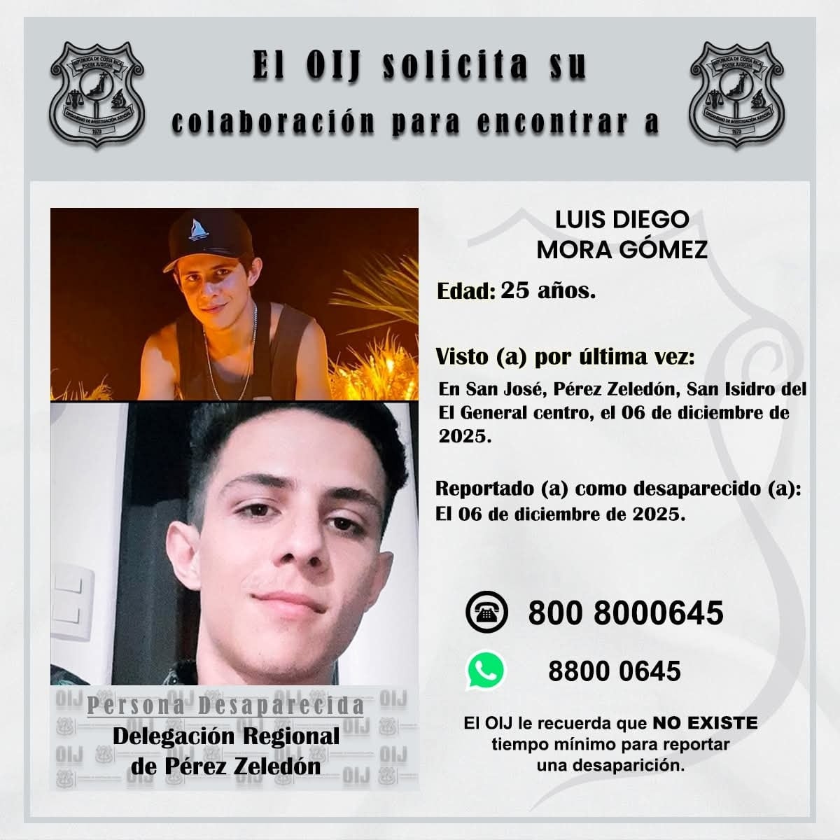 Luis Diego Mora Gómez, de 25 años, es un conductor de plataformas que se le perdió el rastro desde este sábado 6 de diciembre en Pérez Zeledón. Foto: OIJ