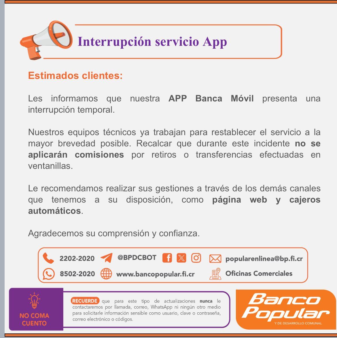 Banco Popular tuvo problema con la App y la página web