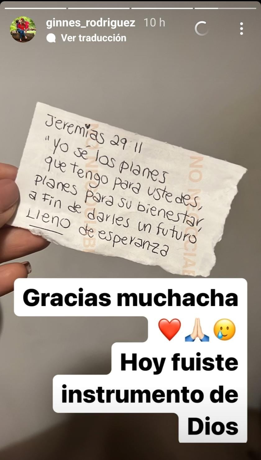 Papelito que joven le compartió a Ginnés Rodríguez