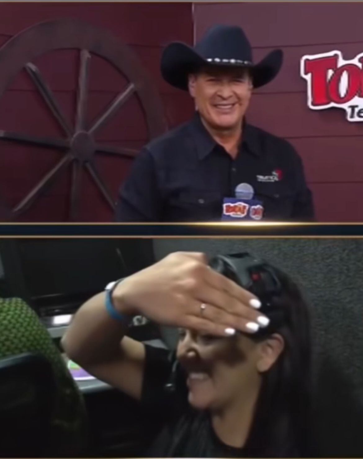 Captura de la transmisión de Teletica este 1° de diciembre, donde se ve arriba en la pantalla a Carlos Álvarez y abajo a Evelyn Durán, mostrando su anillo de compromiso.