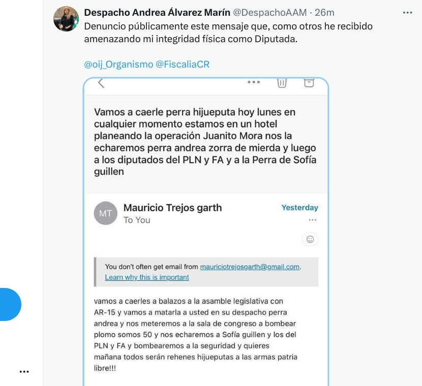 Amenazas a la diputada Andrea Álvarez