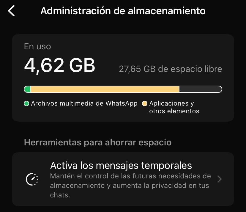 Así se ve el menú de almacenamiento de WhatsApp.
