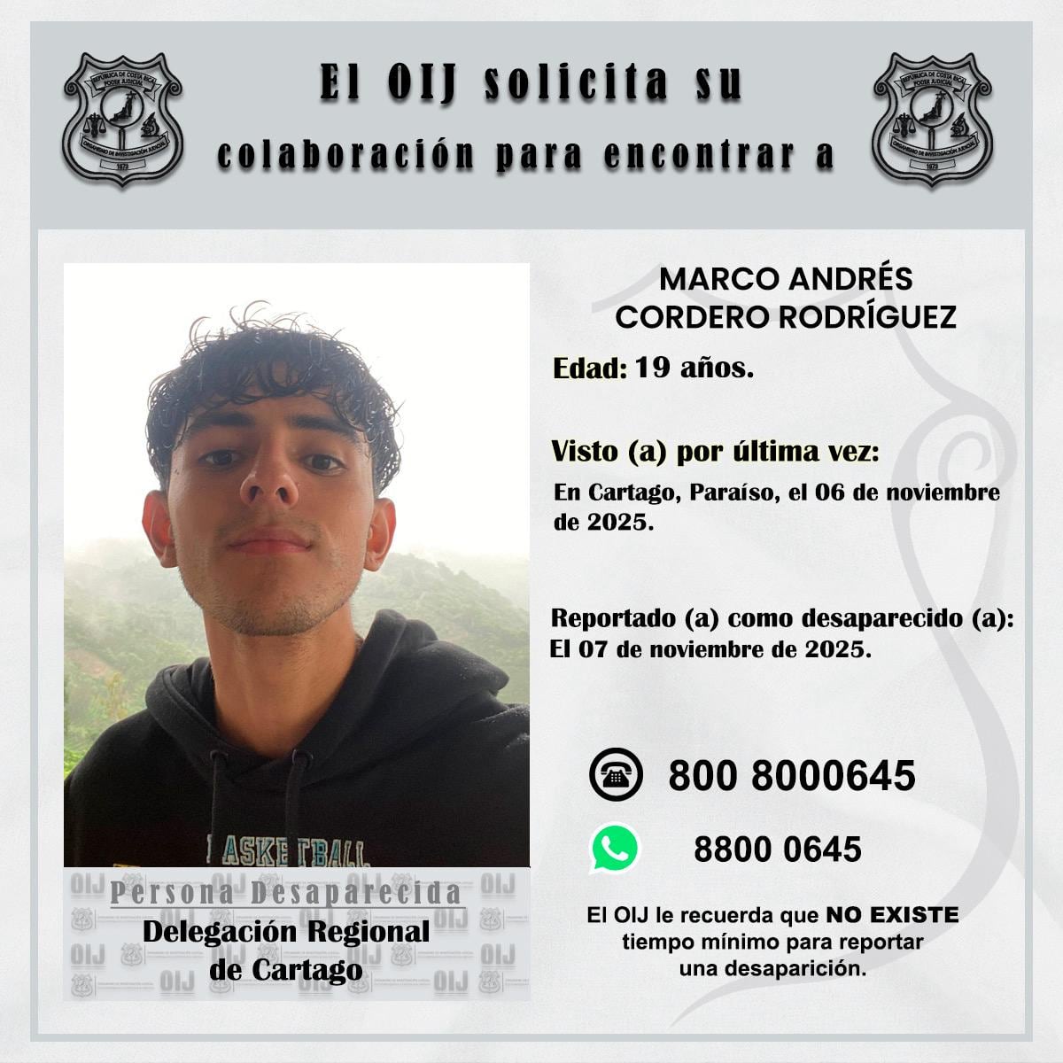 Marco Andrés Cordero Rodríguez, de 19 años, fue reportado como desaparecido y su familia lo encontró de la forma más dolorosa imaginable. Foto: OIJ