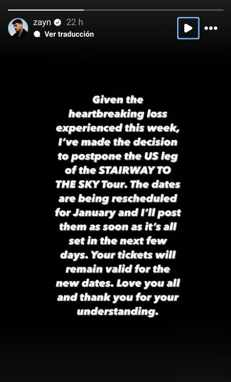 Estas fueron las palabras de Zayn Malik para anunciar el cambio en su gira.