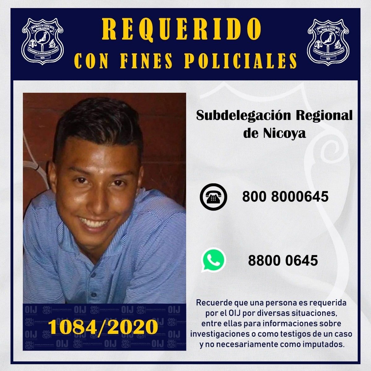 Hombre apellidado Gómez Villegas, sospechoso de homicidio, se encuentra en fuga. Foto OIJ.